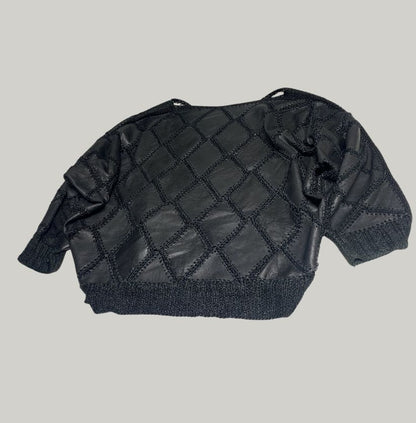 Black and White Leather Patchwork Argyle Sweater