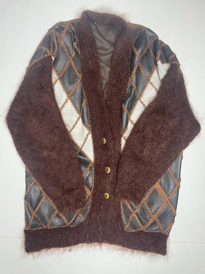 Elegant Vintage Knit Women’s Brown Mohair & Leather Cardigan