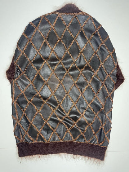 Elegant Vintage Knit Women’s Brown Mohair & Leather Cardigan
