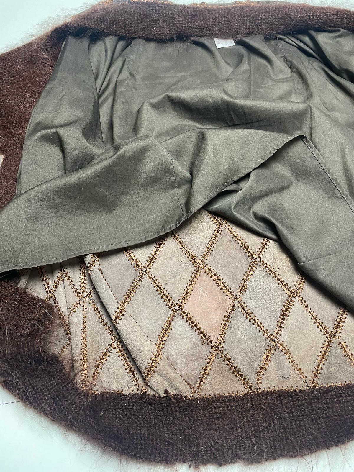 Elegant Vintage Knit Women’s Brown Mohair & Leather Cardigan