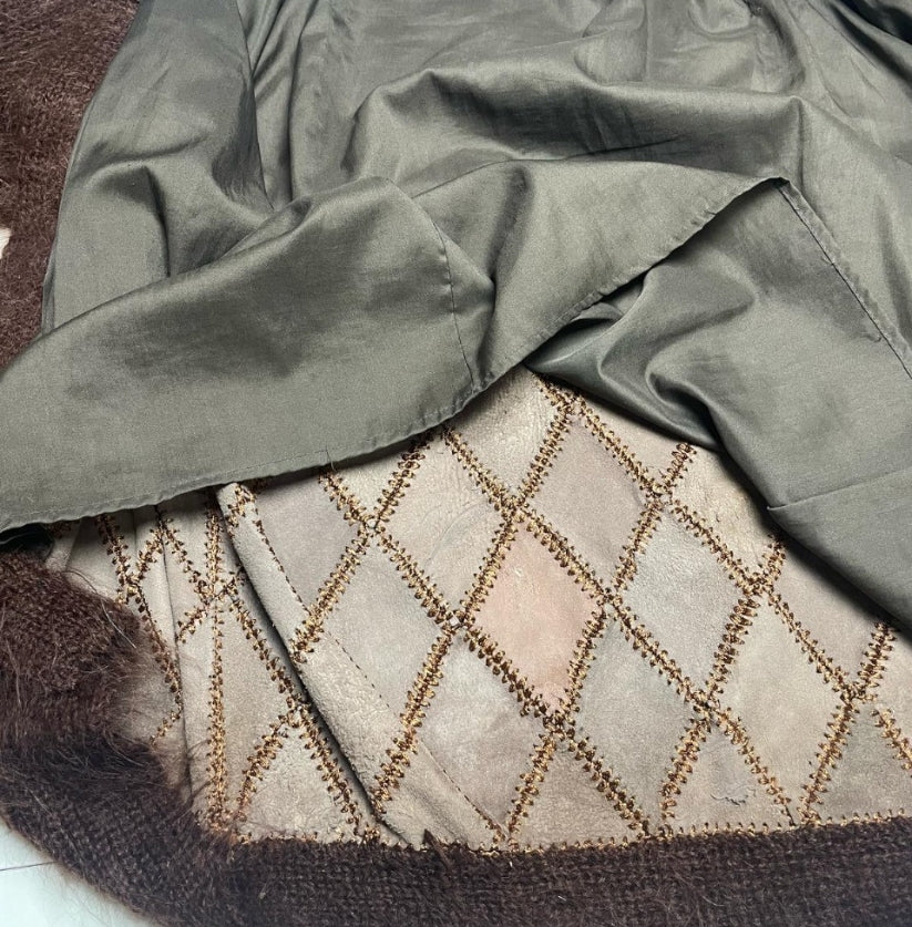Elegant Vintage Knit Women’s Brown Mohair & Leather Cardigan