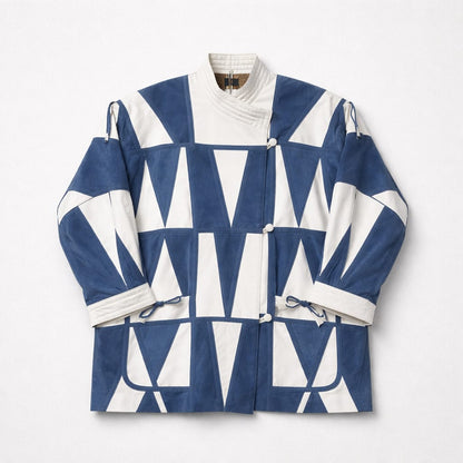 Retro 90s Vintage Blue & White Leather and Suede Jacket