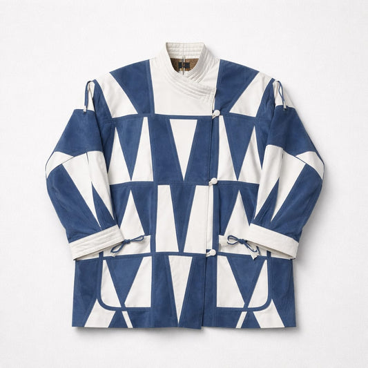 Retro 90s Vintage Blue & White Leather and Suede Biker Jacket