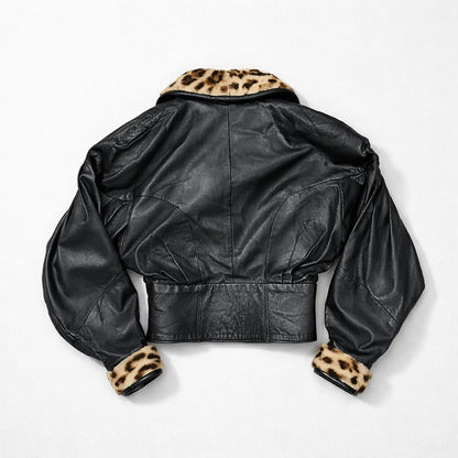 Jacques Sac Leather Jacket with Faux Fur Leopard print trim