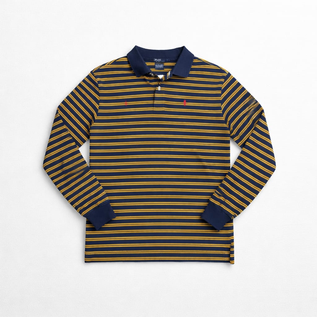 Navy and Yellow Striped Polo Ralph Lauren Long Sleeve Polo Shirt