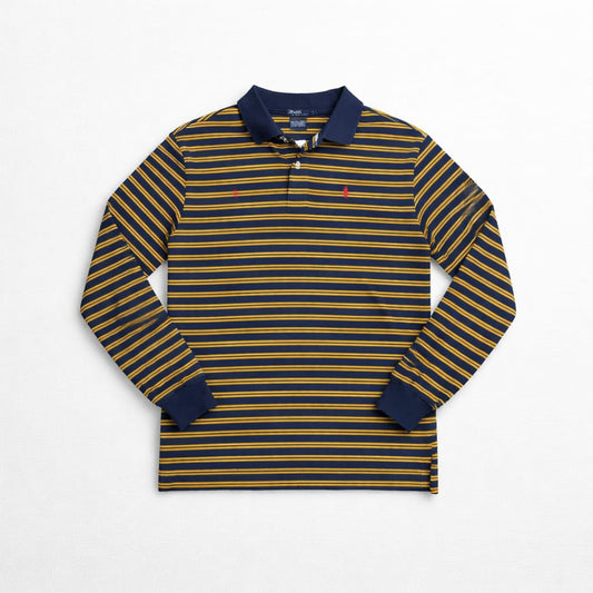 Navy and Yellow Striped Polo Ralph Lauren Long Sleeve Polo Shirt